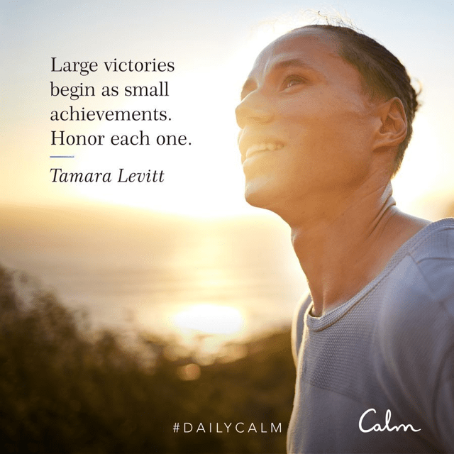 A person stands outdoors at sunset, looking slightly upward with a calm, hopeful expression. Warm sunlight illuminates her face, with the ocean and horizon softly blurred in the background. Text on the left reads: “Large victories begin as small achievements. Honor each one. — Tamara Levitt.” At the bottom are the hashtags #DailyCalm and the Calm logo.